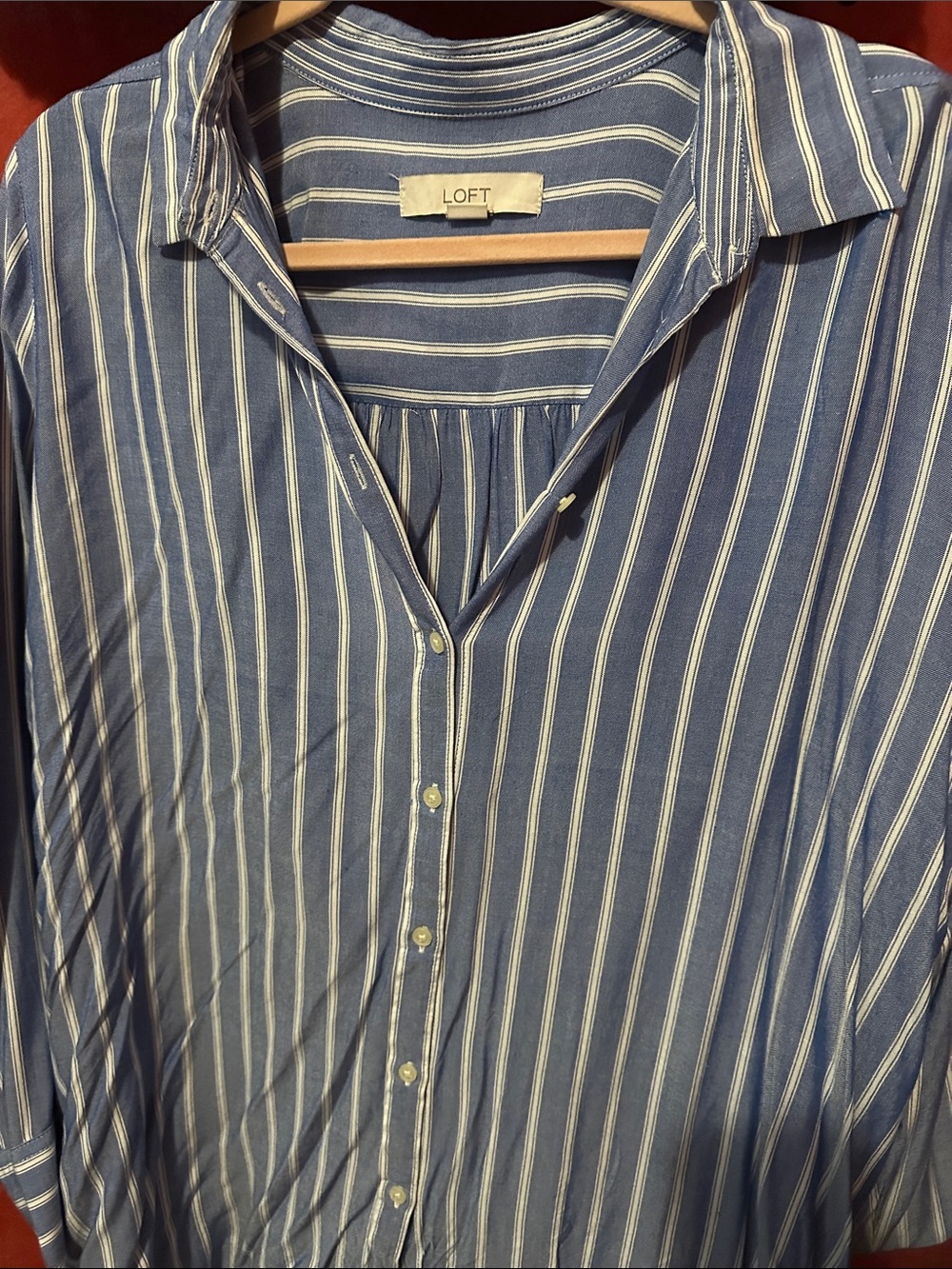 LOFT Blue and White Vertical Stripe Button-Down Shirt